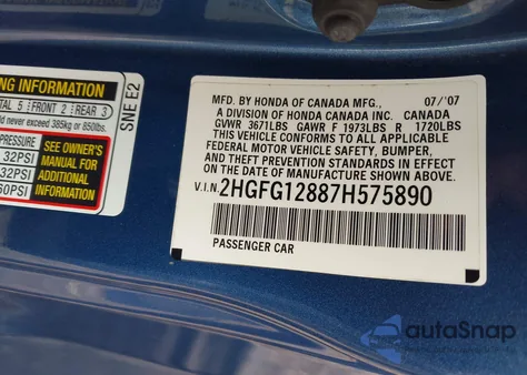 2007 Honda Civic Ex из США, поврежденный, VIN 2HGFG12887H575890